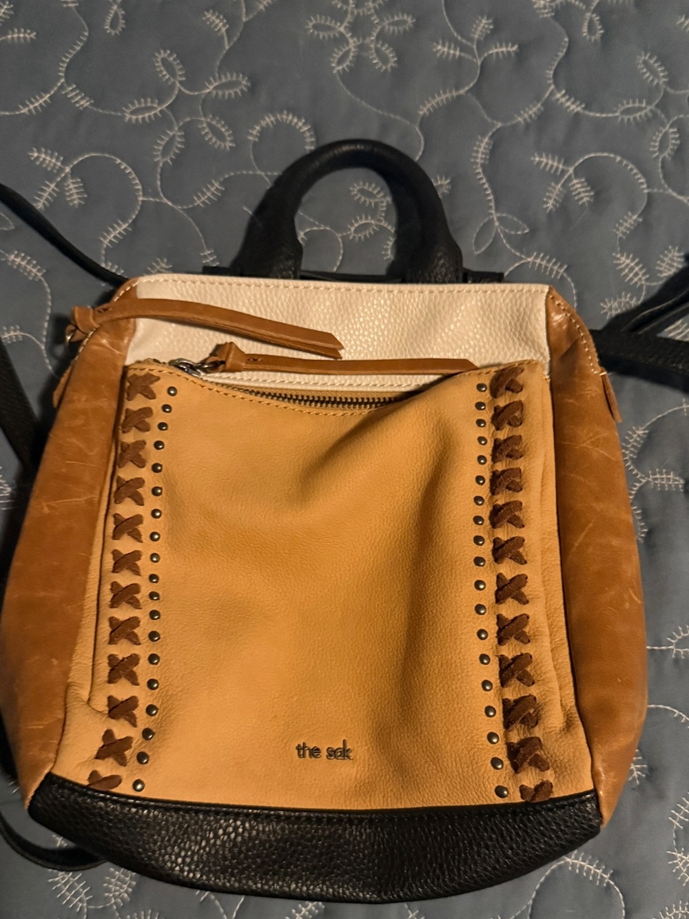 The Sak Tan & Black Leather Mini Backpack Tote